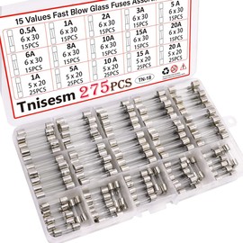Tnisesm 275 Pcs Fast Blow Glass Fuses Assortment Kit 0.5A, 1A, 2A, 3A, 5A, 6A, 8A, 10A, 15A, 20A, 6x30mm, 1A, 5A, 10A, 15A, 20A 15 Values 250V with Plastic Box Tn-18