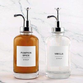 Glass Coffee Syrup Dispenser Bottles with 84 Labels (Set of 2), Coffee Pump Dispenser for Coffee Bar Accessories, 16.9 oz, Silver