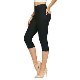 Premium Stretch Soft High Waisted Jeggings for Women - Denim Leggings - Cotton Stretch Blend, Capri Length Black, 18-24