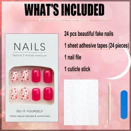 24Pcs Flower Press on Nails Short Square Fake Nails with Daisy Flower Designs Full Cover Rose Red Color False Nails Spring Floral Glue on Nails Reusable Daily Flower Nails for Women Girls