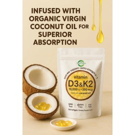 Vitamin D3 10000 iu Plus K2 (MK-7) 200 mcg, 300 Virgin Coconut Oil Softgels