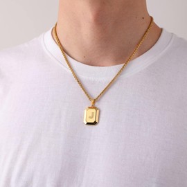 Miss Chipmunk Initial A-Z Necklace for Men Boys, Stainless Steel Black Square Letter Pendant Chain for Men, 20 + 2 Inch Wheat Chain Alphabet Monogram Dog Tag Necklaces Jewellery Gifts, Stainless Steel