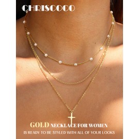 Chriscoco Women's Gold Layering Necklace, Gold, Waterproof, 14 K Gold-Plated Chains Set, Gold Chain with Pendant, Pearl Necklace, Women's CZ Heart Cross Chain, Women's Jewellery, Gold, with Jewellery