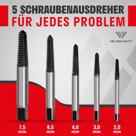 HELDENKRAFT® Screw Extractor Set [5 Sizes Including Accessories] - Durable Steel Left Extractor for Removing Damaged Screws - with Storage Box & Steel Brush