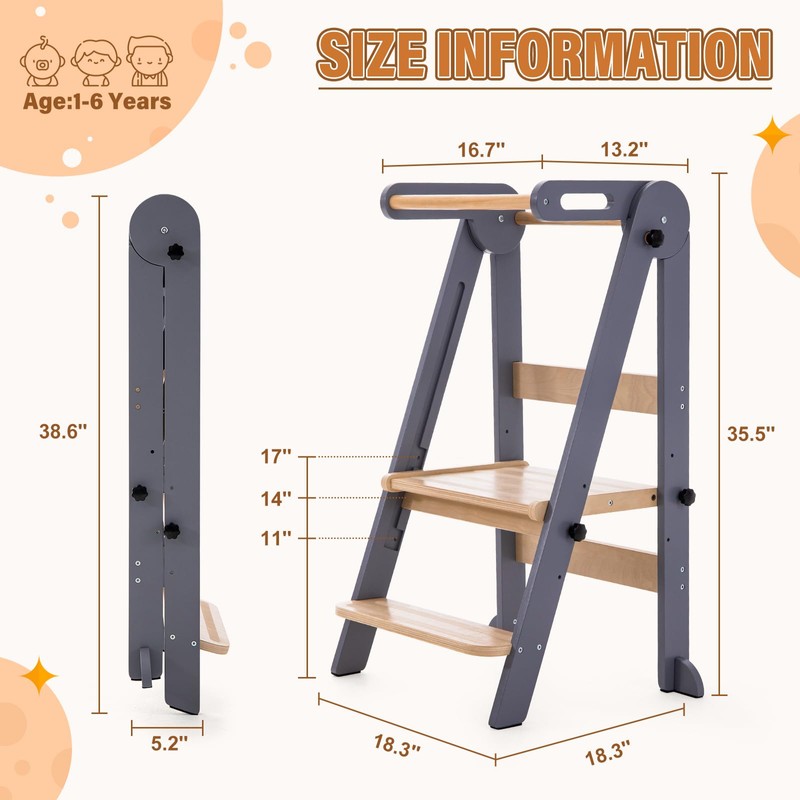Gewitt Foldable Toddler Kitchen Stool Helper - Adjustable Height Folding