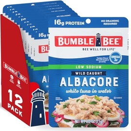 Bumble Bee Low Sodium Chunk White Albacore Tuna in Water, 2.5 oz Pouches (Pack of 12) - Ready to Eat Wild Caught Tuna Packet - 16g Protein per Serving, High in Omega-3s - Non-GMO, Gluten Free, Kosher