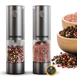 Pure Nature Electric Rechargeable Salt and Pepper Grinder Set with tray: Premium quality with upgraded larger capacity and LED Lights, 5 Adjustable Coarseness, Refillable, Type-C Fast Charging.
