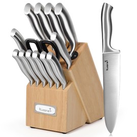 Kuisine Premium Knife Set,One Piece Molding High Carbon Stainless Steel Sharp Blade Ergonomic Handle,Kitchen Block Knife Set Chef Knife Block Set with Built-in Sharpener(Natural, 15PCS)
