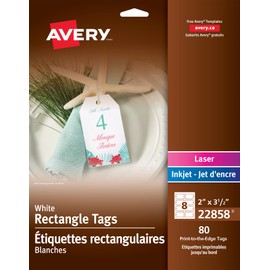 Avery White Rectangle Tags with Strings, 2" x 3½" Rectangle Gift Tags, for Laser/Inkjet Printers, 80 Tags, Edge-to-Edge Printable Tags, Prepunched (22858)