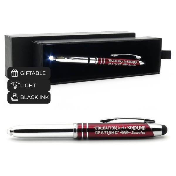 Inkstone Gift Pen with Inspirational Quote Education is the kindling of a flame - Socrates Engraved Pen with LED Light and Stylus Tip