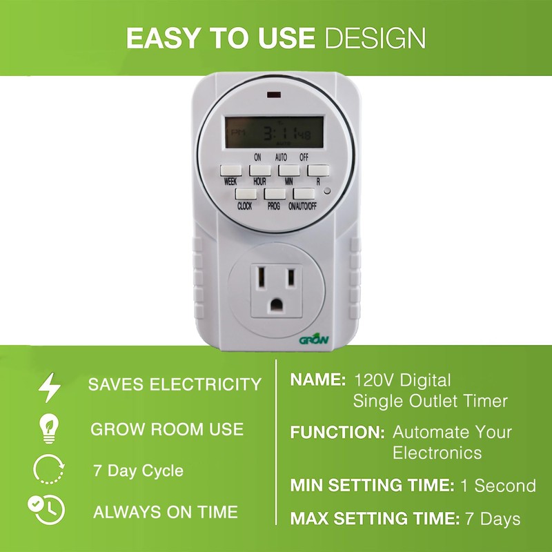 Grow1 Hydroponic 120V Single Outlet Digital Timers for Electrical Outlets,
