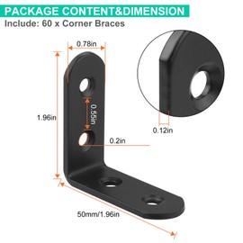 60Pcs Black Corner Bracket, 2”x2” Heavy Duty Black Corner Brace, 3MM Thickness Metal Angle Brackets for Wood, 90 Degree Iron Shelf Bracket Joint Corner Fastener for Furniture Chair Bookshelf Cabinet