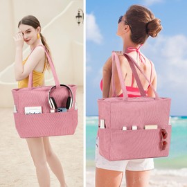 LOIDOU Large Beach Tote Bag Waterproof Sandproof Beach Pool Swim bag with Zipper & Wet Pockets Tote Corduroy Shoulder Bag for Gym Travel Work Teacher Grocery