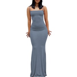 Women's Cami Bodycon Dress Casual Basic Solid Dress Spaghetti Strap Maxi Dress, Blue- 1