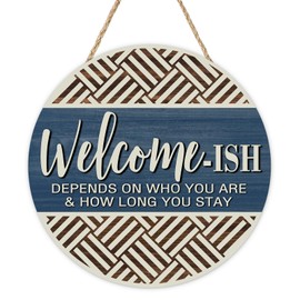 Bolisom Farmhouse Welcome-ish Blue Front Door Sign, Inspirational Minimalist Geometric Wood Hanger Outdoor Outside Porch Home Decor, Motivational Rustic Wooden Wreath Indoor Wall Hanging Decoration