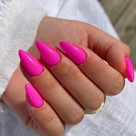 YOSOMMK Hot Pink Acrylic Press on Nails Almond Shaped Medium Acrylic Nails Press ons Glossy Cover Artificial Fake Nail 24Pcs Summer Glue Stick on False Nail for Women in 12 Sizes