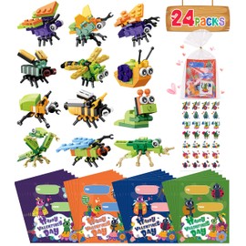 Colplay 24 Packs Valentines Day Gifts for Kids, Insect Building Blocks with Valentines Cards for Kids Classroom School & Stickers, Class Valentines Gifts Exchange, Party Favors for Kids Boys Girls