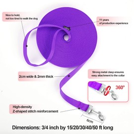 Siumouhoi Dog/Puppy Obedience Recall Training Agility Lead- 15 ft 20 ft 30 ft 40 ft 50 ft Long Leash -for Training Leash, Play, Safety, Camping,or Backyard (30Feet, Purple)