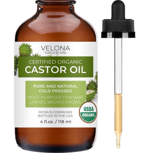 Velona USDA Certified Organic Castor Oil - 4 oz (With Dropper) | For Hair Growth, Boost Eyelashes, Eyebrows | Cold pressed, Natural Oil USP Grade | Hexane Free, Lash Growth Serum, Caster Oil, Cap Kit