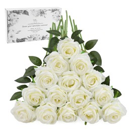 White Fake Roses Artificial Flowers - 16 Pcs Fake Artificial Roses Silk Flowers with Stems for Home Wedding Hotel Office Centerpiece Decor