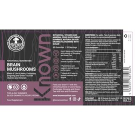 Known Known Tasty Brain Mushrooms Gummies - Lion's Mane, Cordyceps, B Vitamins for Energy - Natural Orange Flavour - 60 Vegan Gummies, 3 Month Supply