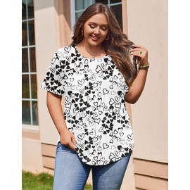 IN'VOLAND Plus Size Women's Short Sleeve Boho Shirts Casual Crew Neck Floral Solid Summer Blouse Pleated Casual Tunic Top