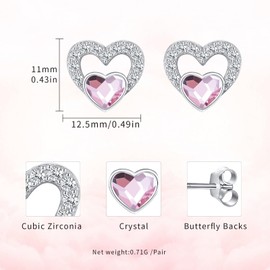 Heart Earrings for Women 925 Sterling Silver Heart Stud Earrings Heart Earrings 12 Birthstone Earrings for Women Austrian Crystal Earrings Christmas Earrings, Sterling Silver, Crystal
