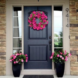 Rzoukler Spring Summer Bougainvillea Wreaths for Front Door Artificial Bougainvillea Silk Flowers Wreath Fake Bougainvillea Wreath for Porch Wedding Home Wall Festival Indoor Outside Decor (Hot Pink)