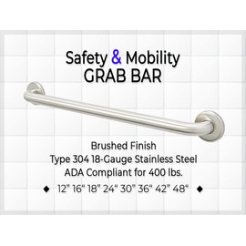 Grab Bar for Bathtub Shower - Stair Bed Toilet Bathroom / Stand Assist & Safety Handrail / 304 Stainless Steel / Smooth Grip / 12"