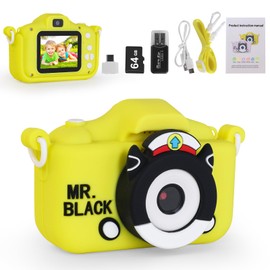 Kids Camera for 3-12 Years Old Toddlers Childrens Boys Girls Selfie Camera HD 1080P IPS Digital Toy Camera with 64GB SD Card for Kids Christmas Birthday Gifts (Yellow)