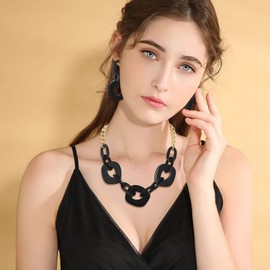 Firstmeet Punk Geometric Acrylic Choker with Eariings Chunky Statement Necklace Vintage Chain for Women(XL-1120-Black)