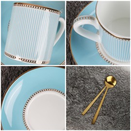 YALONG Coffee Cup and Saucer Sets - 7 Oz Bone China Glazed Lake Blue Gold edge Tea Cup and Saucer - Ideal for Women's Tea Party or Gift Giving (2 Pack)