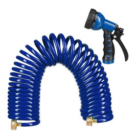 Relaxdays Relaxdays Spiralschlauch Wasser, bis 10 m ausziehbar, flexibler Gartenschlauch mit Wasserbrause, 7 Strahlarten, blau, 25 x 52 x 15 cm