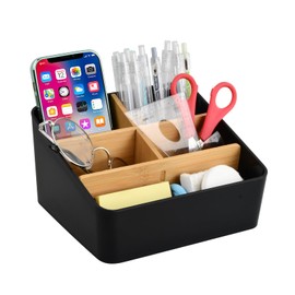 Desk Organiser, 5 Compartments Bamboo Table Organiser, Desktop Stationery Storage Box, Office Organiser with Pen Holder, Wooden Remote Control Holder, Storage Box for Pens, Cosmetics (Black)