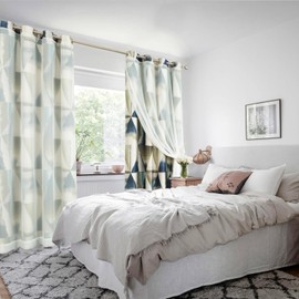 Leeva Grommet Double Layered Curtains and Solid Sheer, Modern Geometric Printing Privacy Window Treatment Curtain Panels for Bedroom Living Room, Blue, Set of 2, 52 x 84 Inches