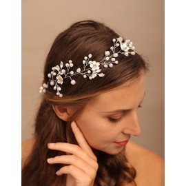 Teyglen Flower Bride Wedding Hair Vine Bridal Pearl Crystal Hair Piece Gold Leaf Flower Headband for Bride Floral Rhinestone Headpiece Wedding Hair Accessories for Women Girls(Gold)