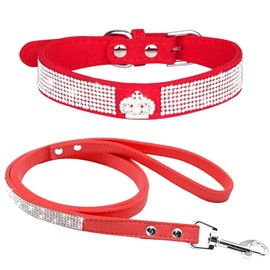 haoyueer Cute Dazzling Sparkling Elegant Fancy Soft Suede Leather Bling Rhinestone Crystal Jeweled Pet Cat Dog Puppy Collar Dog Leash Combo Set (L, Red-5)