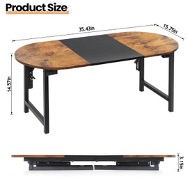 Folding Coffee Table for Living Room, Small Oval Center Table Leg Latches Portable Table Industrial Coffee Tables for Small Space,Home Office,Black & Brown