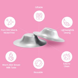 Silveriumom The Original Silver - Copas de lactancia – Escudos para pezones para lactar recién nacidos – 100% plata pura 999 y hecho a mano – Cubiertas para pezones para lactancia (regular)