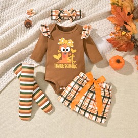 fioukiay My First Thanksgiving Baby Girls Outfit Turkey Romper Short Skirt with Headband Infant Newborn Clothes Set, Yellow Plaid, 0-3 Months