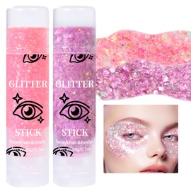 Prreal 2 x Body Glitter, Mermaid Face Glitter Stick Makeup Holographic Sequins, Hair Glitters Eyeshadow Body Shimmer for Rave Accessories, Stage Christmas Festival Makeup Glitter (Light Pink + Pink)
