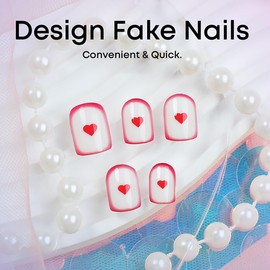 24Pcs Heart Press on Nails Short Square Fake Nails with Red Gradient Designs Romantic Valentine's Day Acrylic Nails Glossy Love Heart Stick on Nails Full Cover Valentines False Nails for Women Girls