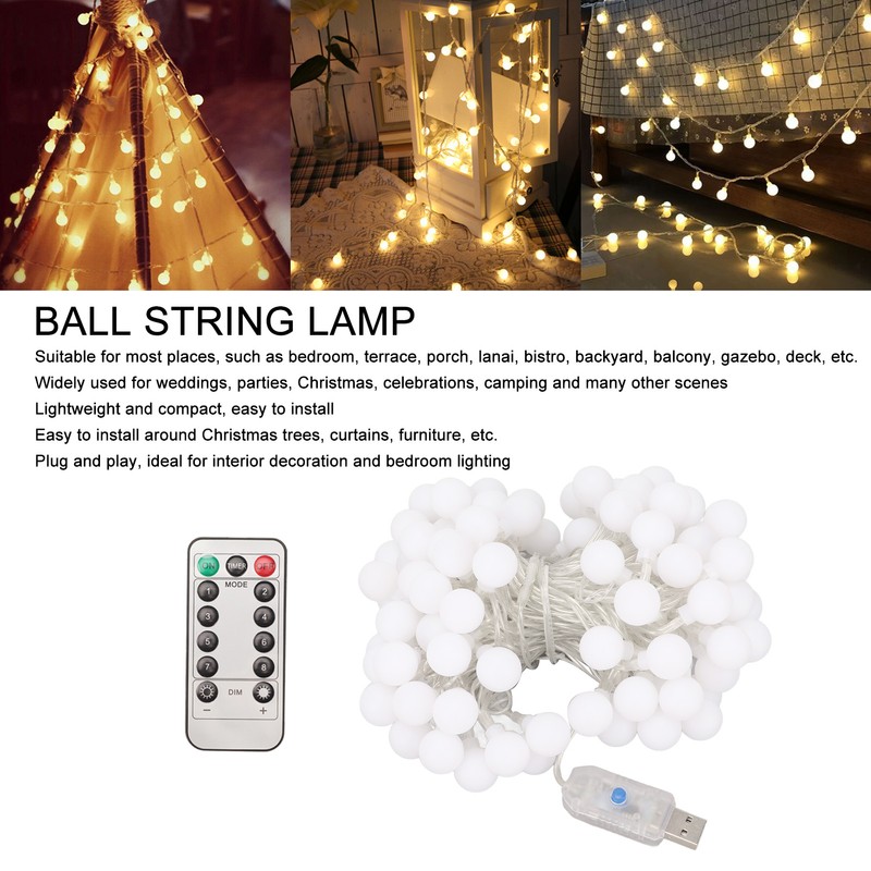 LED Ball String Lights USB Interface 8 Light Modes Warm