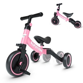 Besrey 5-in-1Balance Bike Convertible Balance Bike (3-8YO) LED Glow Wheels + Foldable Frame | Adjustable Seat & Training Modes  Indoor/OutdoorTrike - Color: Pink