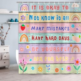 Boho Rainbow Positive Quotes Shower Curtain for Bathroom, Rustic Floral Flower Wooden Board Inspirational Motivational Shower Curtains, Cute Modern Kids Girls Shower Curtain Set with Hooks72X72Inches