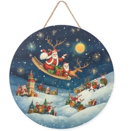 Christmas Door Decorations, Merry Christmas Sign with Santa & Reindeer, Hanging Wooden Plaques, Xmas Door Decor for Front Door, Christmas Wall Decor for Kitchen & Home