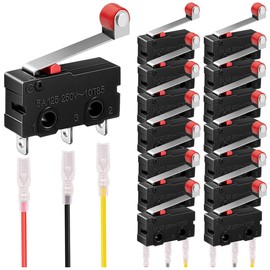 MKBKLLJY 15pcs Micro Limit Switch 5A 125 250V AC SPDT 1NO 1NC Short Hinge Roller Lever Arm Switch Snap Action Button Type 3 Pin Micro Limit Switch Roller Lever Arm Black with 45 Terminal Wires
