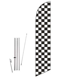 Checkered (Black/White) Feather Flag with Complete 15ft Pole kit and Ground Spike