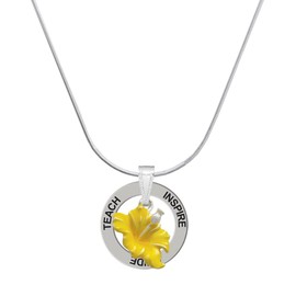 Delight Jewelry Silvertone Yellow Hibiscus Flower - Silvertone Teach Inspire Guide Message Ring Necklace, 18"