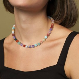 COAI Choker Pearl Necklace Made of 7 Chakra Colourful Crystal Necklace for Women, 40 + 5 cm, Stone, Jasper Aventurine Agate